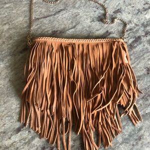 Tan suede fringe cross body bag